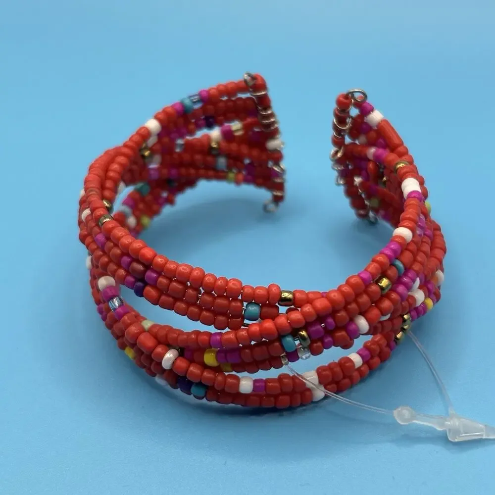 Red Multicolored Multi Strand Beaded Coil Bracelet Cuff‎ Bangle 6